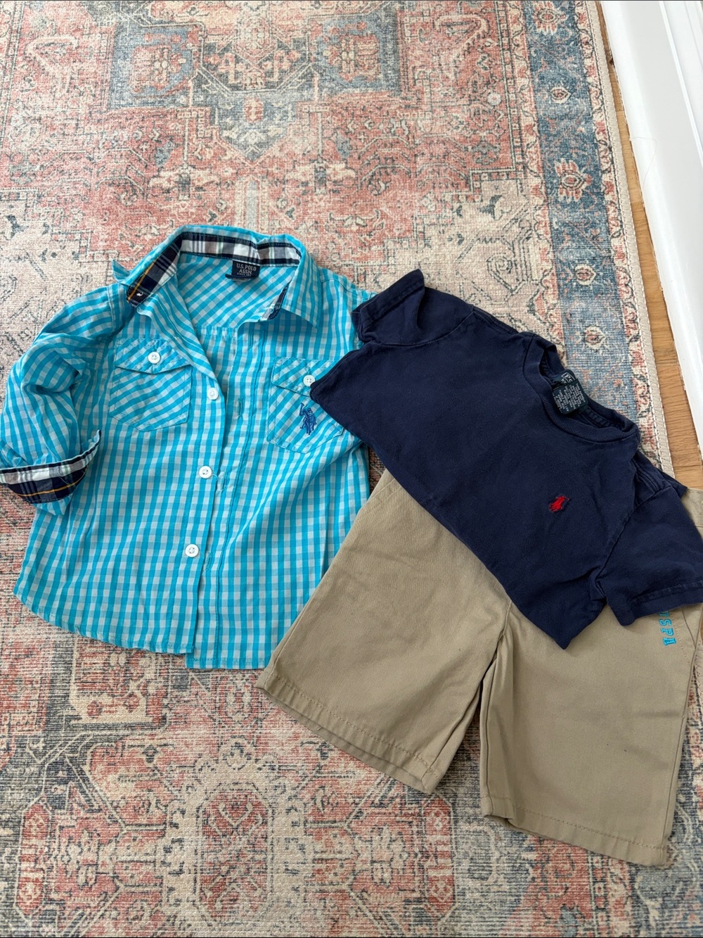 Boys Polo Ralph Lauren Tee, Turquoise Gingham Shirt & Khaki Shorts size 3t